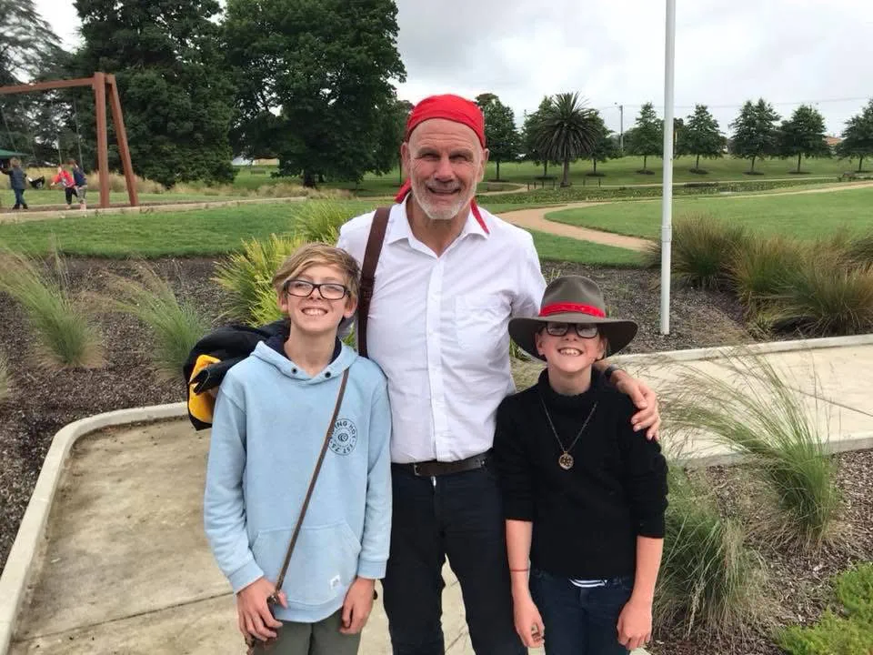 The author Peter FitzSimons (centre) with my son Declan (left) and daughter Anneliese (right) outside the now-defunct “Museum of Australian Democracy in Eureka (MADE)”.