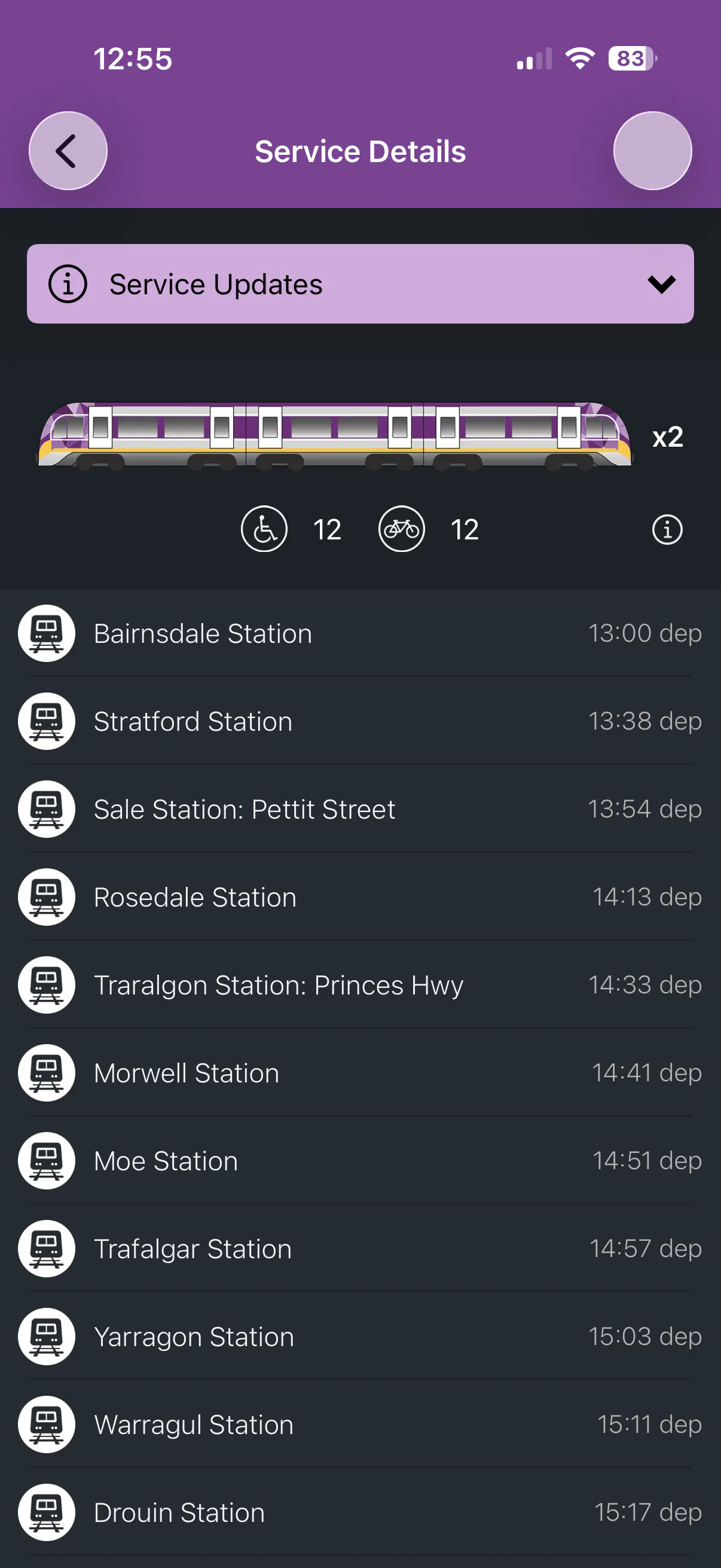 V/Line 'Next 5' in the app