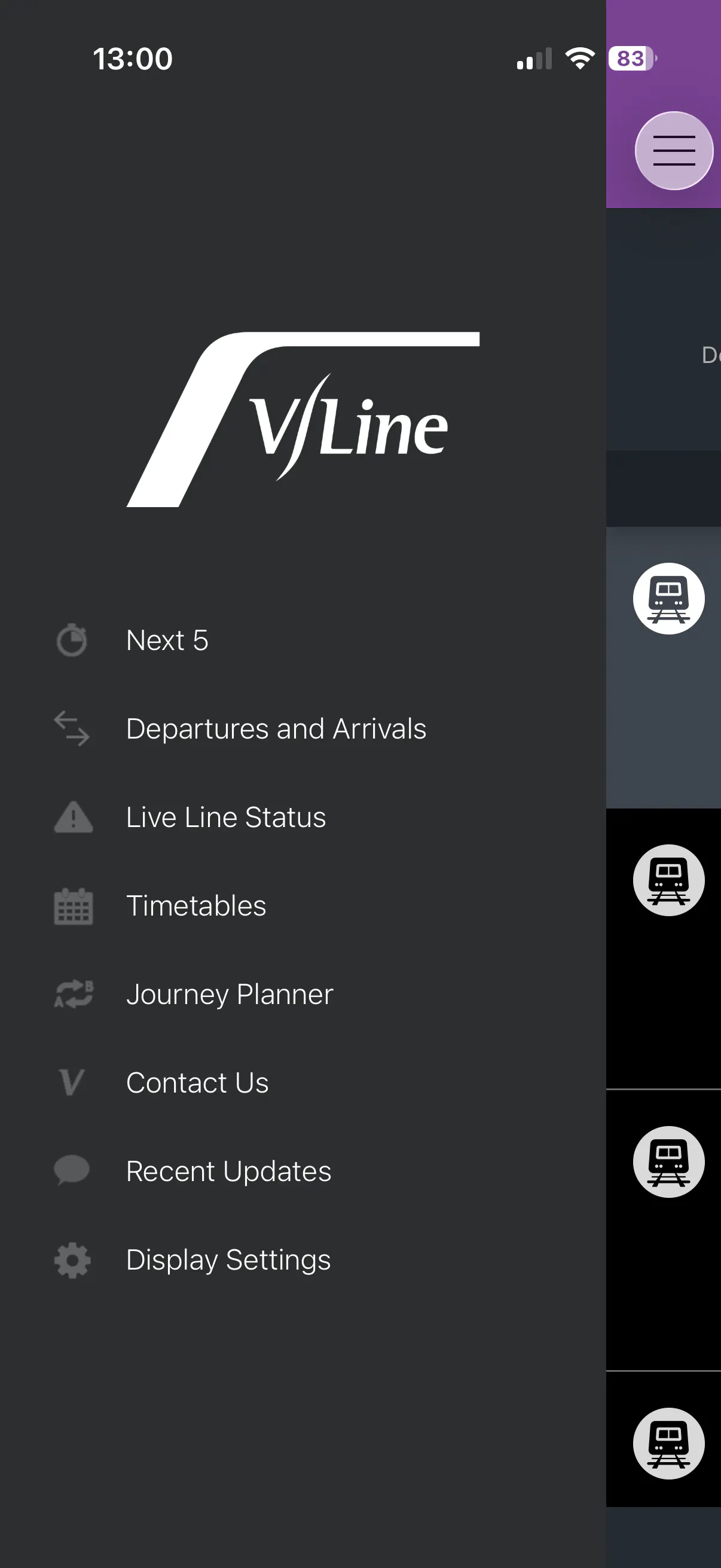 V/Line app menu