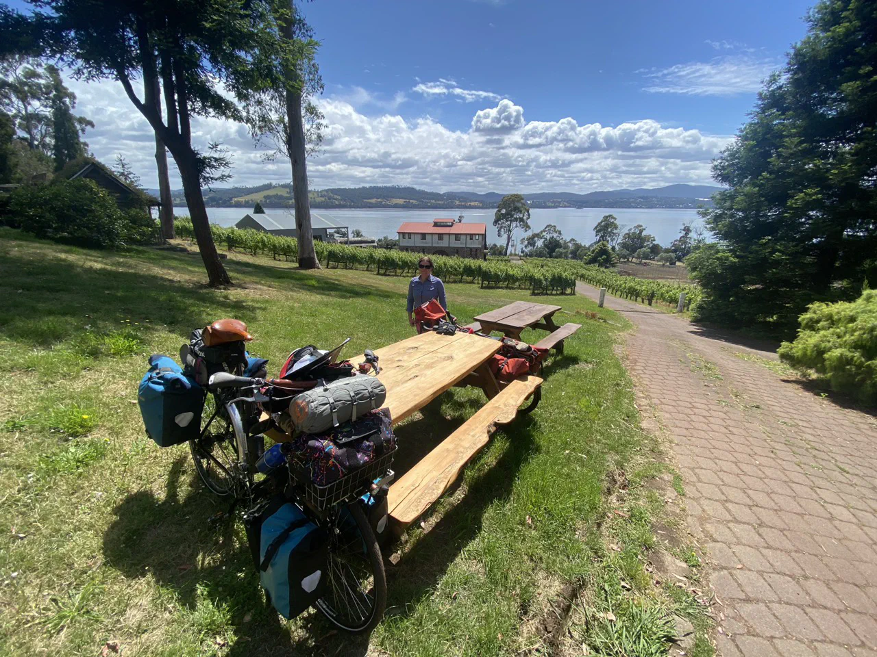 Parking our bikes and looking out over the gorgeous picturesque Marion&rsquo;s Vineyard.
