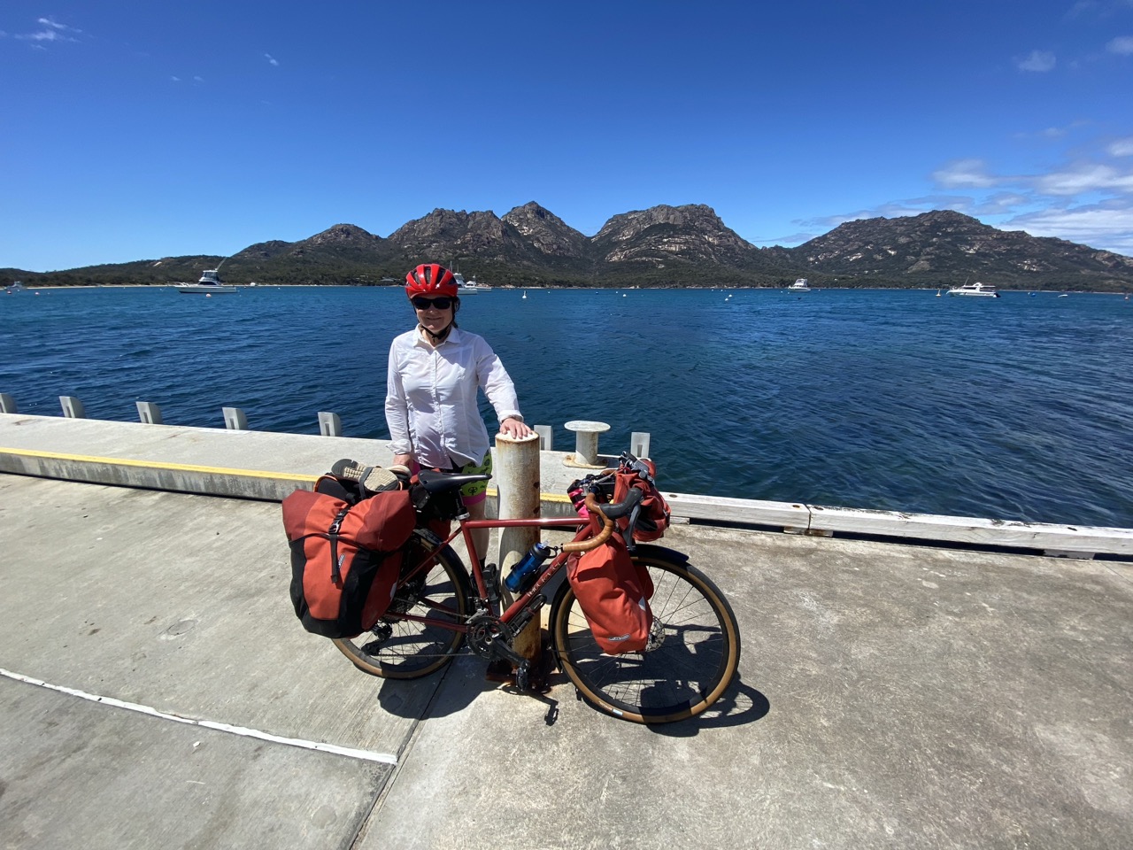 Resting our bikes at the boat ramp and taking in the stunning vista.