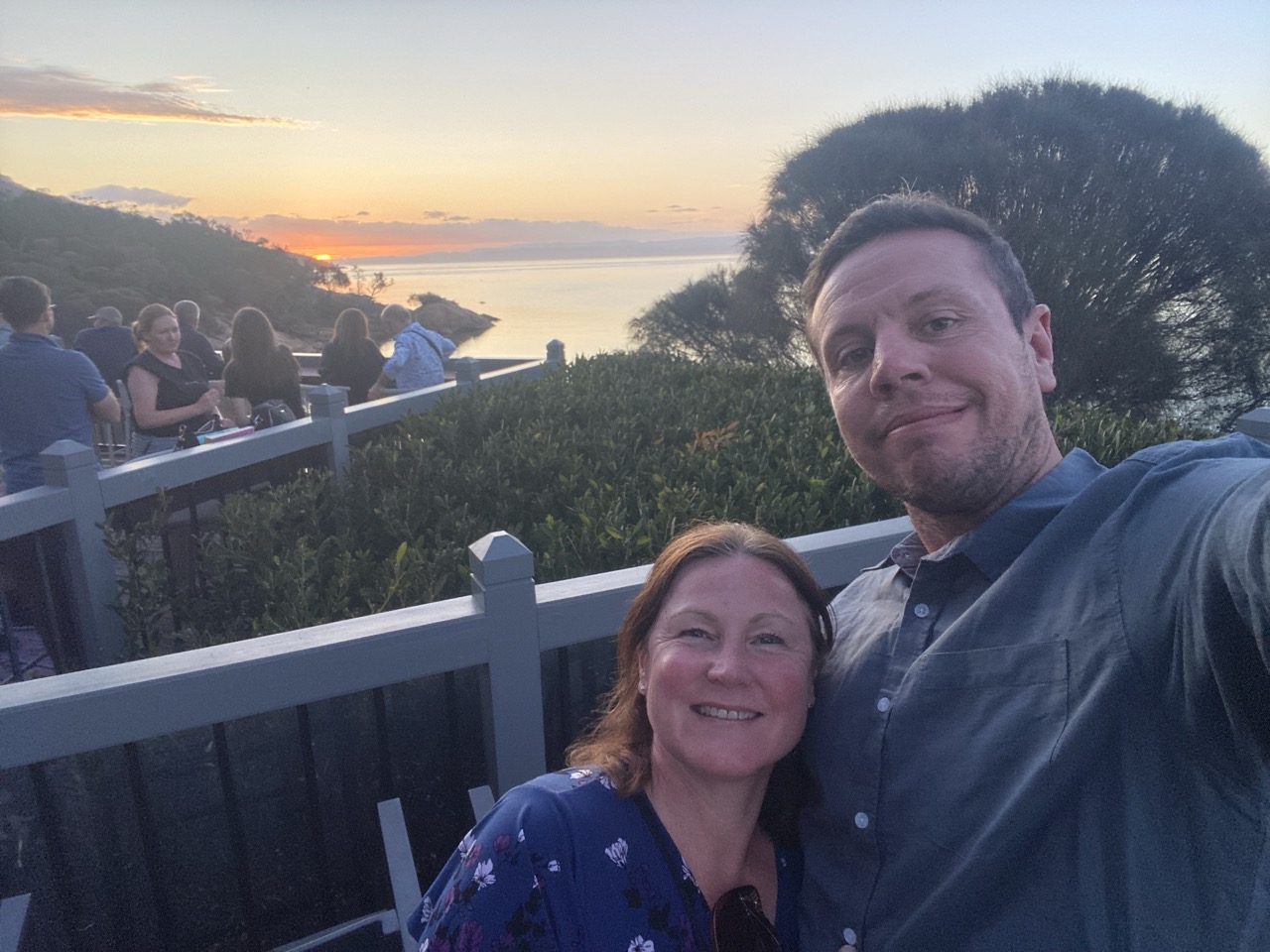 Taking a selfie on the outdoor deck of Freycinet Lodge.
